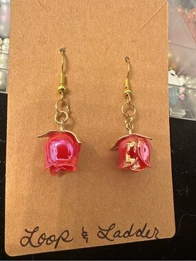 Gold-Tone Pink Rose Drop Earrings